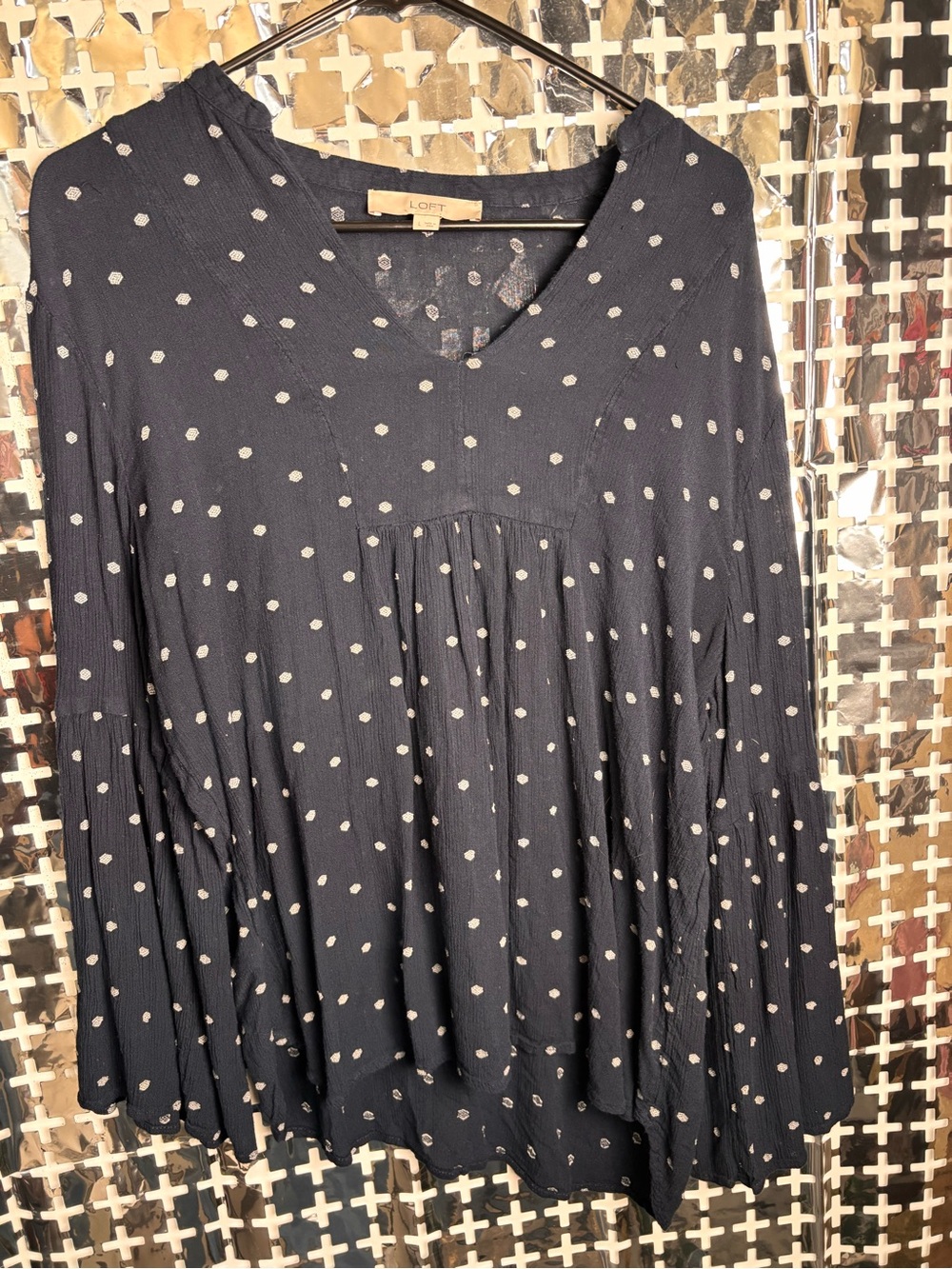 LOFT Navy Polka Dot Tiered Peasant Top